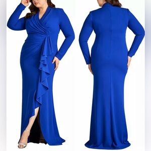 NWOT Tadashi Shoji Markum Crepe Ruffled Long-Sleeve Mystic Blue Gown Sz 2X